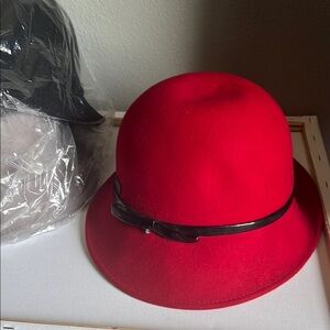 Bold Red and Black Fedora Hat with Rounded Crown